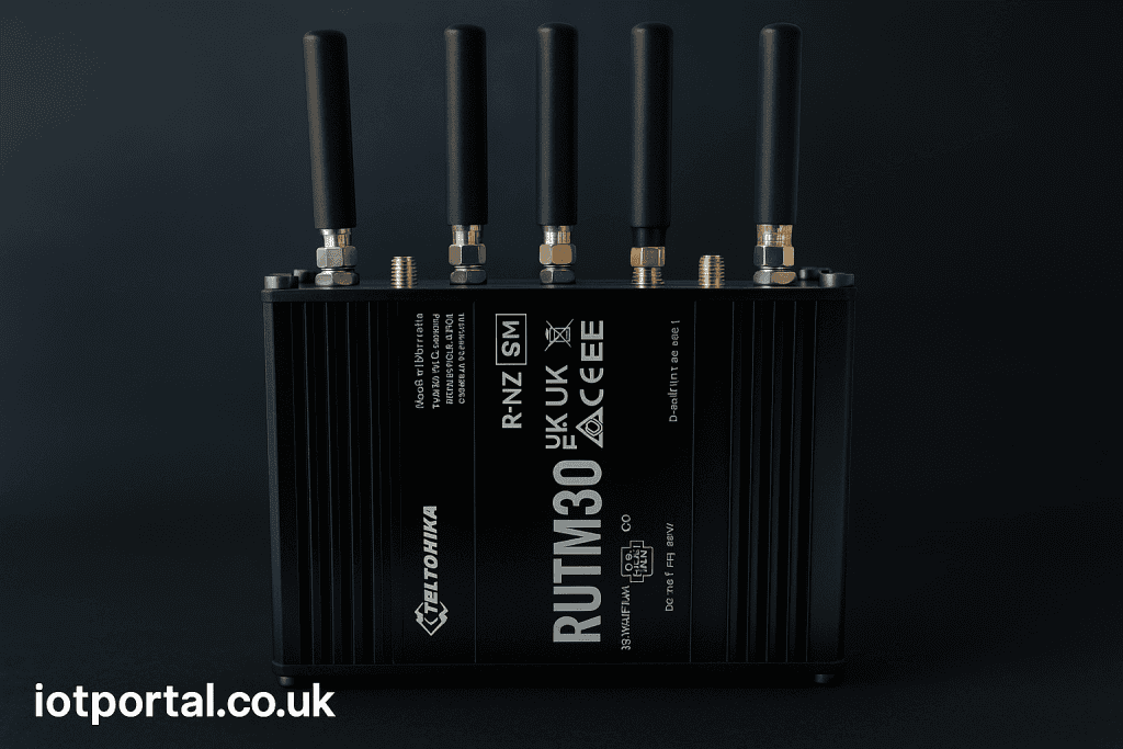 Rugged industrial IoT router with multiple wireless antennas for reliable network connectivity.