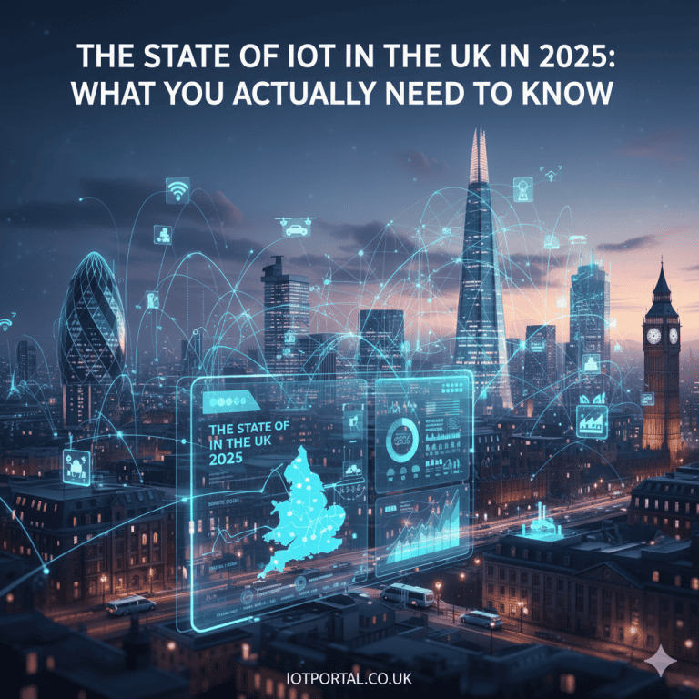 Digital cityscape of London with IoT technology and data visualization for UK IoT future.