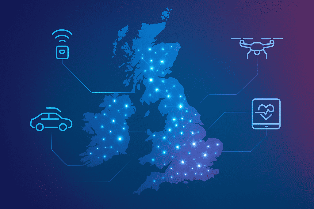 Map of UK IoT network connectivity with 5G infrastructure icons.