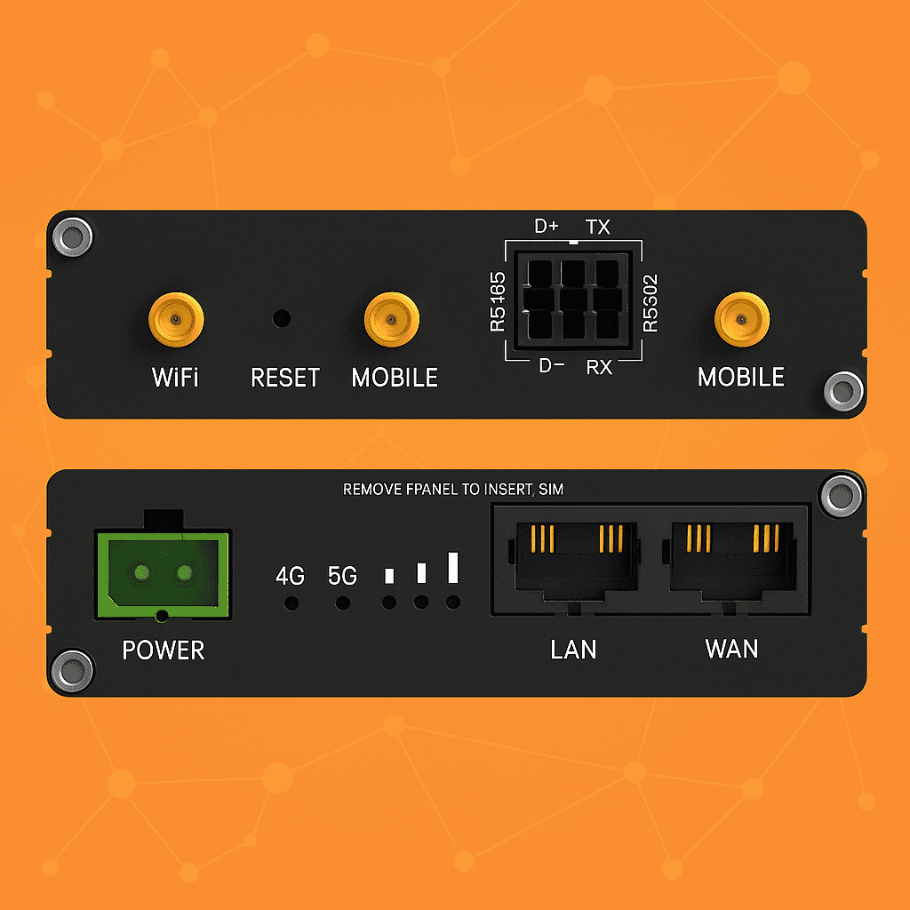 Industrial 5G router with serial ports for IoT applications and remote management.