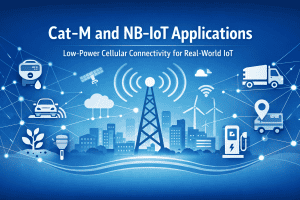 Illustration of Cat-M and NB-IoT connectivity for IoT devices and smart city solutions.