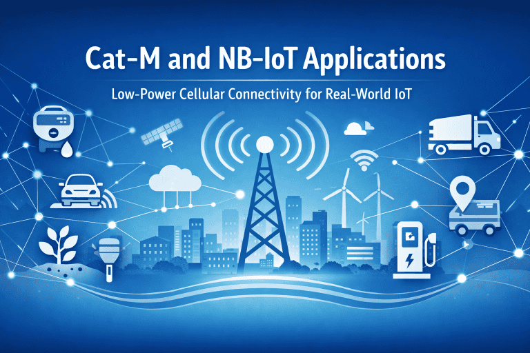 Illustration of Cat-M and NB-IoT connectivity for IoT devices and smart city solutions.