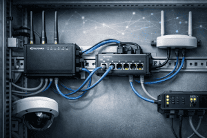 Industrial Ethernet switch with multiple ports for reliable IoT network connections.