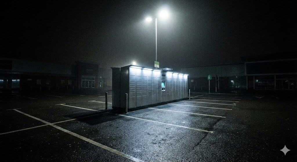 Charging station in a dark, empty parking lot under foggy night sky.