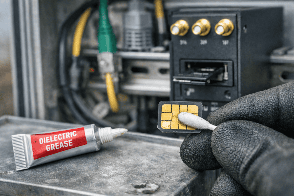 Applying dielectric grease to SIM card contacts in industrial IoT routers.