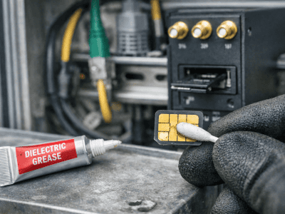 Applying dielectric grease to SIM card contacts in industrial IoT routers.