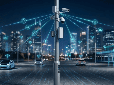 IoT-enabled smart city pole with wireless connectivity in urban environment.