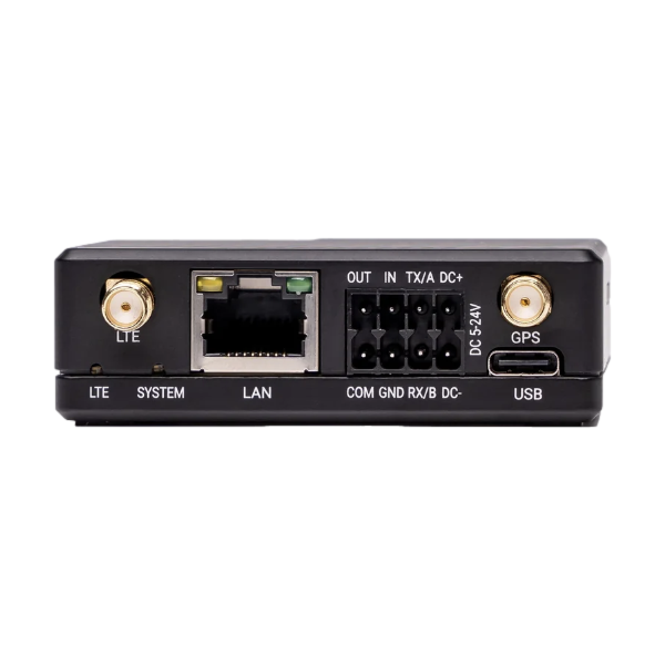 Milesight UR41 4G router rear port view showing LAN, serial I/O, and USB-C connections