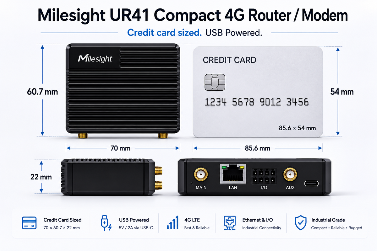 Milesight UR41 compact 4G router shown next to a credit card for size comparison, measuring 70 x 60.7 x 22mm