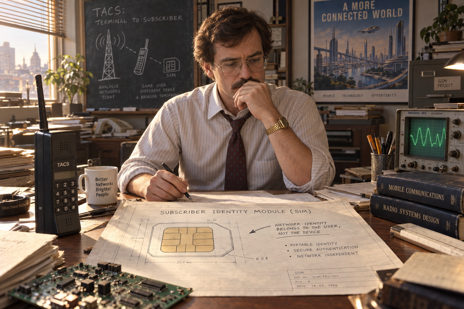 A 1980s telecoms engineer at a cluttered desk with a TACS brick phone, studying a 1988 GSM blueprint of a Subscriber Identity Module noting that network identity belongs to the user, not the device.