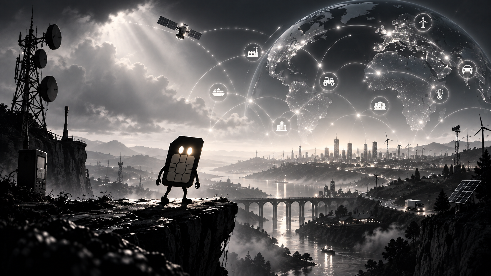 A lone SIM card figure stands at a cliff edge looking out over a monochrome connected world of cell towers, a satellite, a globe and distant cities, in an atmospheric style reminiscent of the game Limbo