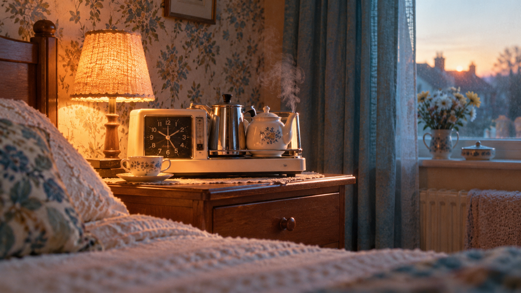 Automatic bedside tea maker with an alarm clock brewing tea at dawn in a 1970s bedroom